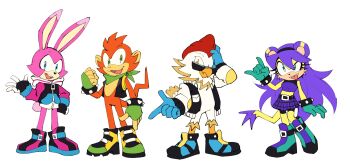 1girl 3boys animal_ears beak belt bird blue_eyes boots chicken commentary drawloverlala english_commentary feathers fingerless_gloves full_body glasses gloves green_eyes hair_between_eyes hand_on_own_head highres hood hood_down hoodie jacket mach_the_rabbit max_the_monkey mina_mongoose mongoose monkey_boy multiple_boys orange_fur pink_fur purple_hair rabbit_boy rabbit_ears sharps_the_chicken skirt smile sonic_(series) sonic_the_hedgehog_(archie_comics) teeth tongue tongue_out upper_teeth_only white_background white_feathers yellow_eyes yellow_fur