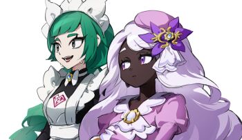 Rule 34 | 2girls, apron, ascot, blunt bangs, bow, bowtie, braid, braided ponytail, commentary request, dark-skinned female, dark skin, dress, firstsun d, frilled ascot, frills, green hair, half-closed eyes, highres, jacinthe (pokemon), juliet sleeves, lebanne (pokemon), long hair, long sleeves, low drills, maid apron, maid headdress, master and servant, multiple girls, nintendo, open mouth, pink lips, pokemon, pokemon legends: z-a, puffy sleeves, purple dress, purple eyes, purple hair, sanpaku, smile, sweat, teeth, tsurime, very dark skin, white bow, white bowtie