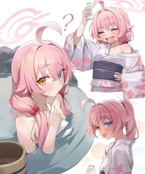 1girl ? absurdres ahoge arm_up bare_shoulders blue_archive blue_eyes blush closed_eyes closed_mouth commentary cropped_torso hair_between_eyes hair_over_shoulder halo hand_on_own_hip heterochromia highres hoshino_(blue_archive) in_water japanese_clothes kimono long_hair long_sleeves looking_at_viewer multiple_views obi open_mouth partially_submerged pink_hair pink_halo sash simple_background single_bare_shoulder sweatdrop symbol-only_commentary tree_print um_111 upper_body white_background white_kimono wide_sleeves yellow_eyes