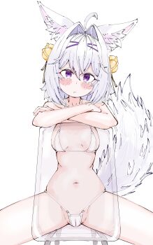 1girl absurdres ahoge animal_ear_fluff animal_ears bell bikini blush breasts cameltoe cat_ears cat_girl chair crossed_arms filian_(vtuber) froq_art glass_chair hair_bell hair_ornament highres indie_virtual_youtuber legs micro_bikini navel petite purple_eyes pussy short_hair small_breasts solo spread_legs stomach swimsuit tail thighs virtual_youtuber white_hair