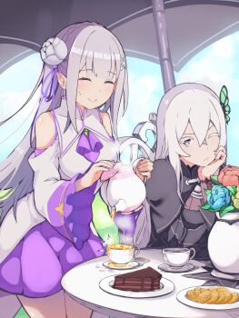 2girls ascot black_dress breasts brown_eyes cake capelet closed_eyes dress echidna_(re:zero) elf emilia_(re:zero) food hair_between_eyes highres huge_breasts long_hair multiple_girls one_eye_closed parasol pointy_ears re:zero_kara_hajimeru_isekai_seikatsu skirt suggestive_fluid table tea tea_cup umbrella very_long_hair white_hair