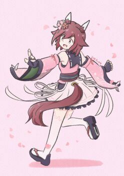 1girl animal_ears armpits blue_eyes blush commentary_request detached_sleeves fingerless_gloves flower full_body gloves hair_between_eyes hair_flower hair_ornament highres horse_ears horse_girl horse_tail koshiba_taiyaki open_mouth petals pink_background pink_hair sakura_chiyono_o_(hinoshita_kaisan_hana_akari)_(umamusume) sakura_chiyono_o_(umamusume) simple_background solo tail thighhighs umamusume