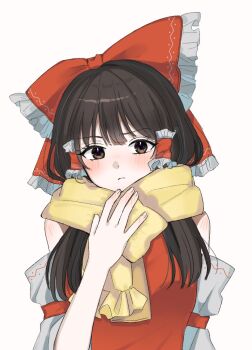 1girl ascot bare_shoulders bow brown_eyes brown_hair detached_sleeves enpera frilled_bow frilled_hair_tubes frills hair_bow hair_tubes hakurei_reimu mati100311 red_bow red_shirt ribbon-trimmed_sleeves ribbon_trim scarf shirt touhou white_background yellow_ascot yellow_scarf