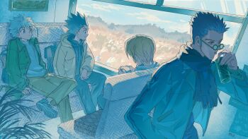 4boys alternate_costume bei_18 black_hair blonde_hair blue_eyes brown_eyes brown_pants buttons can closed_mouth commentary figure_four_sitting glasses gon_freecss highres holding holding_can hood hood_down hoodie hunter_x_hunter killua_zoldyck kurapika leorio_paladiknight male_focus multiple_boys pants round_eyewear short_hair sitting train_interior white_hair