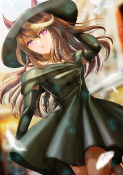 1girl animal_ears bare_shoulders black_dress black_gloves blush breasts brown_hair commentary_request dated_commentary dress ears_through_headwear elbow_gloves gloves hair_between_eyes hat highres horse_ears horse_girl long_hair looking_at_viewer multicolored_hair otono_(bkt4b) parted_lips purple_eyes streaked_hair symboli_rudolf_(umamusume) umamusume white_hair