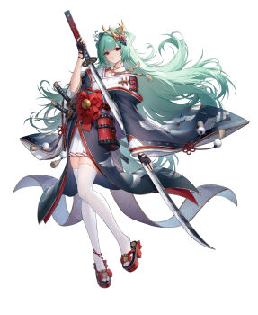 1girl absurdres animal_print armor bandages bare_shoulders bird bird_print black_gloves black_kimono blunt_bangs coin_(ornament) copyright_request crane_(animal) dress earrings fingerless_gloves floating_hair full_body geta glint gloves hair_ornament half_updo highres holding holding_sword holding_weapon japanese_armor japanese_clothes jewelry katana kimono kusazuri layered_clothes layered_kimono long_hair long_sleeves looking_at_viewer mole mole_under_eye multiple_swords obi off_shoulder platform_clogs pleated_dress pom_pom_(clothes) reverse_grip sash short_kimono shoulder_armor simple_background skindentation sode solo sword tassel thighhighs tsuba_(guard) very_long_hair weapon white_background white_kimono white_thighhighs wide_sleeves youx zettai_ryouiki