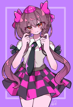 Rule 34 | 1girl, absurdres, akuta neko, black bow, black necktie, bow, brown eyes, brown hair, checkered clothes, checkered skirt, commentary, hair bow, hat, highres, himekaidou hatate, long hair, looking at viewer, necktie, pink bow, pink hat, purple background, shirt, signature, skirt, sleeve bow, solo, tokin hat, touhou, twintails, white shirt