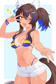 1girl absurdres animal_ears bikini bikini_tan blush breasts commentary cowboy_shot daitaku_helios_(umamusume) english_commentary gyaru_w highres horse_ears horse_girl horse_tail long_hair looking_at_viewer medium_breasts nyaivie one_eye_closed open_mouth short_shorts shorts smile solo swimsuit tail tan tanline thighs umamusume v v_over_eye w white_shorts yellow_eyes