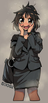 1girl bag blush brown_eyes brown_hair commentary drooling ergot fang hands_on_own_face original pantyhose pencil_skirt ponytail shoulder_bag skirt tina_(ergot) watch wavy_mouth wristwatch