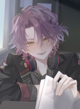 Rule 34 | 1boy, absurdres, commentary request, earrings, hair ornament, hairclip, head tilt, headphones, headphones around neck, highres, holding, holding paper, jacket, jewelry, male focus, nijisanji, open mouth, paper, sleeves rolled up, smile, solo, teeth, virtual youtuber, wakana zhito, watarai hibari, watarai hibari (school uniform), yellow eyes