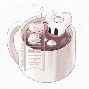 Rule 34 | 1other, black eyes, commentary, cup, eenqn, english commentary, food, food focus, hollow eyes, hollow knight, horns, hot chocolate, knight (hollow knight), marshmallow, mug, other focus, star (symbol), watermark