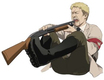 Rule 34 | 1boy, armband, artist name, black boots, black necktie, blonde hair, boots, brown coat, closed eyes, coat, facial hair, green pants, gun, holding, holding gun, holding weapon, imminent suicide, lapels, male focus, necktie, notched lapels, open mouth, pants, parody, pocketbee, pump action, red armband, reiner braun, shingeki no kyojin, short hair, shotgun, simple background, solo, tvfilthyfrank, twitter username, weapon, white background