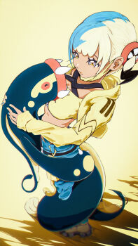 1girl bandeau belt black_belt canari_(pokemon) commentary_request eelektross gen_5_pokemon grey_eyes highres holding holding_pokemon hood hood_down hooded_jacket jacket long_sleeves mask mask_pull mouth_mask multicolored_hair multicolored_nails nail_polish nintendo open_clothes open_jacket pants pokemon pokemon_(creature) pokemon_legends:_z-a short_twintails standing toaru1gakusei twintails yellow_bandeau yellow_jacket