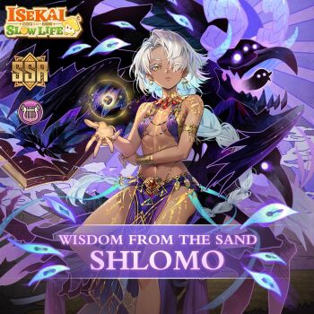 1girl armband artist_request beak blue_eyes book bracelet braid breasts character_name closed_mouth clothing_request coin dark-skinned_female dark_skin eyelashes french_braid frown gold_bracelet gold_ring hands_up isekai:_slow_life jewelry light_frown logo long_hair looking_at_viewer magic mushroom nail_polish necklace one_eye_closed open_book ponytail purple_nails ring shlomo_(isekai:_slow_life) single_braid small_breasts sparkle summoning very_long_hair white_hair yellow_eyes