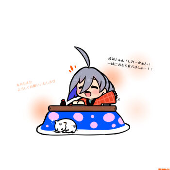 1girl ahoge cat chibi closed_eyes commentary_request grey_hair hair_between_eyes highres japanese_clothes jinbei_(clothes) kantai_collection kiyoshimo_(kancolle) kotatsu long_hair radical_bullet smile table translation_request waving