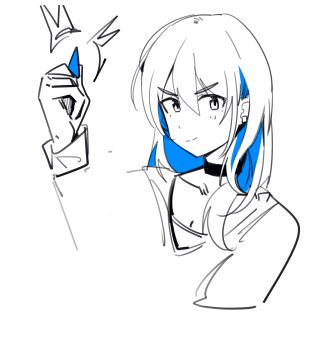 1girl absurdres blue_hair choker colored_inner_hair commentary_request girls_band_cry greyscale haidao_mao highres holding holding_plectrum kawaragi_momoka long_hair monochrome multicolored_hair plectrum simple_background solo spot_color upper_body white_background