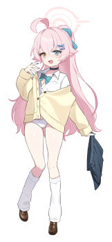 absurdres asymmetrical_clothes black_choker blue_archive blue_bow blue_bowtie blue_eyes blue_nails blue_skirt blush bow bow_panties bowtie breasts brown_shoes buttons cardigan choker fang full_body gyaru hair_ornament hairclip halo heterochromia highres holding holding_unworn_clothes holding_unworn_skirt hoshino_(blue_archive) knees knees_together_feet_apart kogal leg_warmers loafers loli long_hair moyashi_dorobou multicolored_nails no_pants off_shoulder open_collar open_mouth panties pink_hair pink_nails raised_inner_eyebrows revision shiny_skin shirt shoes simple_background skin_fang skirt sleeves_past_wrists small_breasts smug standing sweatdrop thighs tongue underwear unworn_skirt very_long_hair white_background white_panties white_shirt yellow_cardigan yellow_eyes