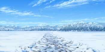 artist_request bare_tree blue_sky cloud day game_cg grass highres mountain no_humans outdoors path road scenery sky snow third-party_source touhou touhou_lostword tree