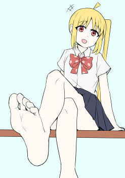 1girl absurdres barefoot blonde_hair bocchi_the_rock! crossed_legs feet highres ijichi_nijika long_hair looking_at_viewer open_mouth red_eyes shimaryu703 side_ponytail sitting soles toes