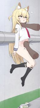 ... 1boy 1girl absurdres animal_ear_fluff animal_ears black_socks blonde_hair blood blood_from_mouth blue_archive bruise bruise_on_stomach dark-skinned_male dark_skin death disembodied_hand empty_eyes fox_ears fox_girl full_body green_eyes green_halo halo hanging_legs highres indoors ju_ge kurumi_(blue_archive) long_hair long_sleeves navel neck_grab neckerchief no_pants open_mouth panties punching red_neckerchief ryona sailor_collar school_uniform serafuku shoes socks solo_focus stomach stomach_punch strangling suspension sweat tears triangle_halo underwear unworn_shoes very_long_hair white_panties