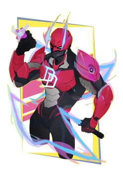 Rule 34 | 1boy, absurdres, armor, black armor, black bodysuit, black gloves, bodysuit, character logo, cowboy shot, daredevil, fake horns, gloves, hashtag-only commentary, highres, holding, holding nunchaku, holding weapon, horned mask, horns, looking at viewer, male focus, marvel, marvel rivals, mask, matt murdock, muscular, muscular male, no pupils, nunchaku, official alternate costume, pauldrons, red armor, shoulder armor, solo, specter515021, weapon, white background