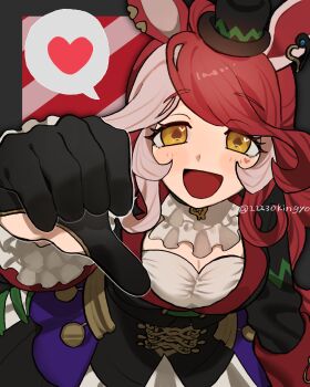 Rule 34 | 11230kingyo, 1girl, absurdres, animal ears, black gloves, black jacket, blush, breasts, cleavage, commentary request, facial mark, gloves, hair between eyes, hair ornament, hat, heart, heart facial mark, heart on cheek, highres, horse ears, horse girl, jacket, kingyo (kingyo11230), long hair, looking at viewer, loves only you (9927 wishes) (umamusume), loves only you (umamusume), multicolored hair, open mouth, reaching, reaching towards viewer, red hair, shirt, smile, solo, speech bubble, spoken heart, umamusume, white shirt, yellow eyes