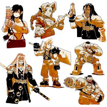 2girls 4boys adjusting_clothes adjusting_gloves aerith_gainsborough armor baggy_pants bangle bare_shoulders barret_wallace beard belt black_coat black_gloves black_hair black_pantyhose blonde_hair boots bracelet braid braided_ponytail breasts buster_sword buttons chest_strap cleavage cloak closed_eyes cloud_strife coat crop_top cropped_jacket davilorium elbow_gloves elbow_pads facial_hair facial_scar final_fantasy final_fantasy_vii fingerless_gloves full_body furrowed_brow gloves grey_hair gun hair_ribbon handgun headband holding holding_gun holding_staff holding_sword holding_weapon jewelry long_coat long_hair looking_at_viewer low-tied_long_hair masamune_(ff7) medium_breasts midriff multiple_belts multiple_boys multiple_girls multiple_views muscular muscular_male navel pants pantyhose parted_bangs pauldrons prosthetic_weapon puffy_short_sleeves puffy_sleeves ribbon scar scar_on_cheek scar_on_face sephiroth shirt short_hair short_sleeves shoulder_armor sidelocks single_bare_shoulder single_braid single_elbow_pad single_pauldron sleeveless sleeveless_shirt sleeveless_turtleneck spiked_hair staff suspenders sword tifa_lockhart turtleneck upper_body very_short_hair vest vincent_valentine weapon white_background white_shirt