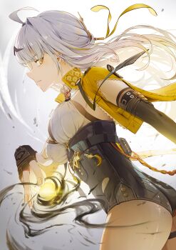 Rule 34 | 1girl, absurdres, ass, black shorts, breasts, fingerless gloves, floating hair, from side, gloves, grey background, hair ornament, hairclip, high-waist shorts, highres, jacket, jelmul, large breasts, long hair, looking to the side, parted lips, shorts, solo, white hair, yellow eyes, yellow jacket, yixuan (zenless zone zero), zenless zone zero