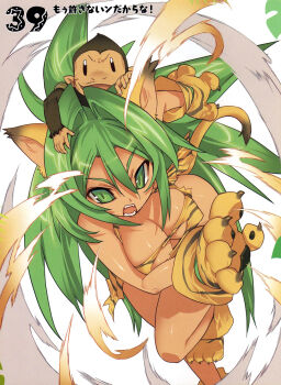 1girl alternate_breast_size_(larger) animal_ears animal_hands animal_print blade_(galaxist) breasts cat_ears cham_cham claws fang gloves green_eyes green_hair highres large_breasts monkey open_mouth paku_paku paw_gloves paw_shoes queen's_blade queen's_gate samurai_spirits shoes snk tiger_print