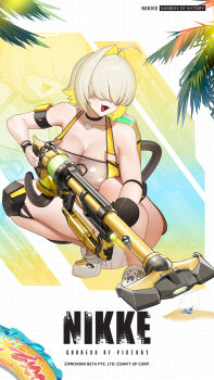 1girl ahoge arm_strap black_choker black_gloves blonde_hair breasts choker cleavage collarbone commentary copyright_name crocs elegg_(boom_and_shock)_(nikke) elegg_(nikke) english_commentary fang full_body gloves goddess_of_victory:_nikke gun hair_intakes hair_over_eyes highres holding holding_gun holding_weapon jam_(nandade) large_breasts multicolored_hair official_art open_mouth palm_tree rabbit_ornament single_glove slingshot_swimsuit smile squatting swimsuit thighs tree two-tone_hair weapon yellow_slingshot_swimsuit zoom_layer