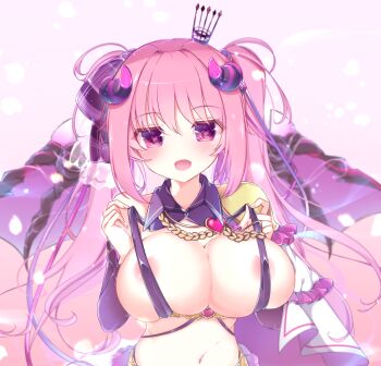 1girl :d absurdres anneliese areola_slip blue_ribbon blurry blurry_background blush breasts cape cleavage commentary_request crown demon_girl demon_horns demon_wings detached_collar frilled_cape gattengou hair_between_eyes hair_ribbon hands_up highres horns huge_breasts kimagure_temptation long_hair looking_at_viewer mini_crown navel open_mouth pink_background pink_hair pink_ribbon presenting_own_breasts pulling_own_clothes purple_eyes revealing_clothes ribbon seductive_smile sidelocks simple_background single_bare_shoulder skindentation smile solo strap_pull twintails upper_body very_long_hair white_cape wings