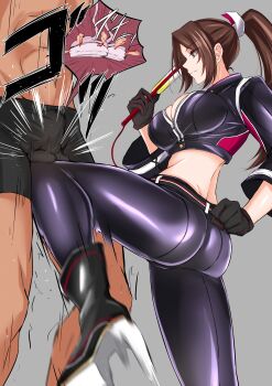 1boy 1girl absurdres ball_busting bdsm black_gloves black_shorts breasts brown_hair cbt cleavage crotch_kick fatal_fury femdom gloves hand_fan high_ponytail highres holding holding_fan ponytail reverse_ryona shiranui_mai shorts thighs watarase_piro