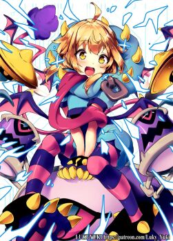 Rule 34 | 1girl, ahoge, black gloves, blonde hair, blue hoodie, dr. tamago, fang, gloves, highres, hood, hood down, hoodie, looking at viewer, lukyyuki, medium hair, open mouth, pantyhose, pink pantyhose, purple pantyhose, skin fang, smile, solo, striped clothes, striped pantyhose, wixoss, wixoss diva(a)live, yellow eyes