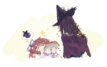 2girls beagle black_cape black_hair black_hat blue_eyes blueberry bow brown_hair cape closed_mouth cropped_torso flutterpage flutterpage_(naisnow) food from_above from_behind fruit hair_bow hair_ornament hands_up hat highres holding holding_tray imagining leaf_hair_ornament leaning_forward long_hair looking_at_another multiple_girls nell_ro official_alternate_costume purple_bow purple_scrunchie reverse:1999 scrunchie short_hair smile speech_bubble thought_bubble tray two-tone_background upper_body white_background willow_(reverse:1999) witch_hat wrist_scrunchie yellow_background