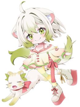 Rule 34 | 1girl, ahoge, animal ears, chibi, closed mouth, commentary, dress, english commentary, fearinota, ferret, ferret ears, ferret girl, ferret tail, gradient hair, green hair, green tail, hairband, highres, indie virtual youtuber, limealicious, limon (limealicious), looking at viewer, multicolored hair, open mouth, pink dress, platform shoes, shoes, smile, tail, thighhighs, two-tone hair, vinesauce, virtual youtuber, white background, white hair