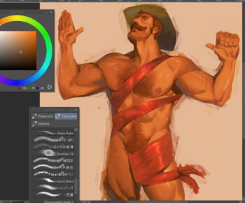 1boy abs art_program_in_frame bara bulge citrus0lemon cowboy_hat cowboy_shot facial_hair hat large_pectorals male_focus male_pubic_hair mature_male medium_sideburns meme mr._bidwell muscular muscular_male mustache naked_ribbon navel_hair navel_peek nipples nude_guy_wrapped_in_ribbons_standing_(meme) pectorals penis_base pointing_with_thumb pubic_hair red_ribbon ribbon short_hair simple_background solo standing stomach team_fortress_2 thick_chest_hair thick_mustache thick_thighs thighs unfinished