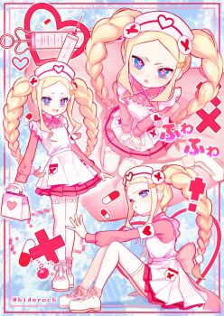 1girl :d :o absurdres animal_print apron artist_name bandaid bandaid_hair_ornament beatrice_(re:zero) blonde_hair blue_eyes braid bug butterfly butterfly-shaped_pupils butterfly_print commentary dress english_commentary hair_ornament hands_on_lap hat head_tilt heart highres holding insect long_hair long_sleeves looking_at_viewer looking_to_the_side looking_up medicine multiple_views nurse nurse_cap open_mouth outstretched_arms parted_bangs pill pink_dress pink_sleeves pleated_skirt re:zero_kara_hajimeru_isekai_seikatsu red_butterfly shoes sidelocks sitting skirt smile st_ard symbol-shaped_pupils syringe thighhighs twin_braids twintails twitter_username white_apron white_shoes white_thighhighs