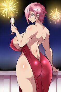 absurdres alcohol backless_outfit cup dress drinking_glass fireworks highres maymayuumi mayumi_oka night non-web_source original red_dress rooftop tagme wine wine_glass