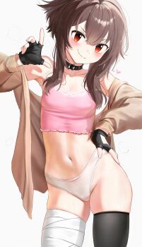 1girl absurdres asymmetrical_legwear bandaged_leg bandages belt_collar black_collar black_gloves black_thighhighs blush breasts brown_hair brown_jacket camisole closed_mouth collar commentary contrapposto cowboy_shot crop_top english_commentary fingerless_gloves gloves hair_between_eyes hand_on_own_hip hand_up heart highres huge_filesize jacket kono_subarashii_sekai_ni_shukufuku_wo! loli long_sleeves looking_at_viewer megumin mismatched_legwear navel off_shoulder open_clothes open_jacket paid_reward_available panties pink_camisole red_eyes short_hair_with_long_locks simple_background skindentation small_breasts smile solo standing sweat thighhighs twitter_username underwear v-shaped_eyebrows waligner white_background white_panties
