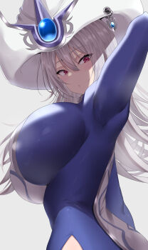 Rule 34 | 1girl, absurdres, alternate breast size (larger), arms behind head, blue dress, breasts, clothing cutout, dress, duel monster, hat, highres, hip vent, huge breasts, kirikan (cokekiri), long hair, red eyes, silent magician, solo, white hat, wizard hat, yu-gi-oh!