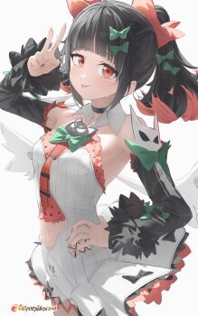 1girl arm_up bare_shoulders black_choker black_hair black_sleeves blush bow breasts choker clothing_cutout colored_inner_hair cryne detached_sleeves dress fingernails fur-trimmed_sleeves fur_trim green_bow hair_bow hand_on_own_hip highres layered_dress looking_at_viewer multicolored_hair navel navel_cutout red_bow red_eyes red_nails rokudu_sariel short_twintails simple_background small_breasts solo tongue tongue_out too_many_bows twintails twitter_username v white_background white_dress white_wings wings zenless_zone_zero