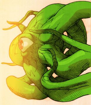 Rule 34 | 1boy, bengus, capcom, colored skin, facing to the side, game cg, green skin, highres, looking to the side, male focus, marvel, marvel vs. capcom, marvel vs. capcom 2, monster, non-web source, official art, one-eyed, red pupils, scan, shadow, shuma gorath, sidelighting, solo, tentacles