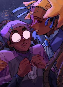 Rule 34 | 2girls, aika (kiana mai), arm around shoulder, black hair, blonde hair, blush, christerr (angeldrumcat), commentary, dark-skinned female, dark skin, glasses, hat, highres, i don't want to be a magical girl, multiple girls, opaque glasses, purple hat, purple shirt, round eyewear, shirt, signature, smile, star guardian: guardian of the stars, yuri, zira (kiana mai)