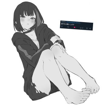 1girl bang_dream! barefoot choker commentary greyscale highres jacket kanade_(kanade_3344) mitake_ran monochrome multicolored_hair open_mouth request_inset short_hair shorts simple_background solo streaked_hair sweatdrop translation_request white_background