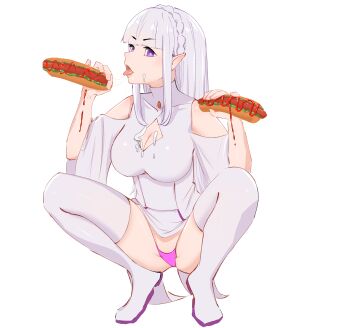 1girl absurdres april_fools babywipes bare_shoulders blue_pupils boots braid breasts capella_emerada_lugnica cleavage cleavage_cutout clothing_cutout commission commissioner_upload crown_braid dress elf emilia_(re:zero) fellatio_gesture food food_on_body food_on_breasts full_body handjob_gesture highres holding holding_food hot_dog hot_dog_bun ketchup large_breasts lettuce long_hair looking_at_viewer mayonnaise naughty_face non-web_source official_alternate_costume open_mouth oral_invitation panties pantyshot pink_thong pointy_ears purple_eyes re:zero_kara_hajimeru_isekai_seikatsu saliva saliva_trail sausage sexually_suggestive shoulder_cutout skirt smile solo spread_legs squatting thigh_boots thighs thong tongue tongue_out transformation transparent_background underwear white_hair