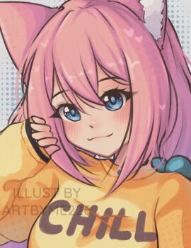 1girl animal_ear_fluff animal_ears artbyme226 blue_eyes blush borrowed_character breasts cat_ears closed_mouth clothes_writing commentary english_commentary grey_background hair_between_eyes halftone halftone_background highres long_hair long_sleeves looking_at_viewer medium_breasts original pinching_sleeves pink_hair puffy_long_sleeves puffy_sleeves sleeves_past_wrists smile solo sweater upper_body watermark yellow_sweater