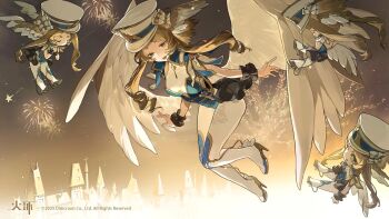 blonde_hair character_request cross crucifix curly_hair feathered_wings fireworks flying frills game_request green_eyes hashtag-only_commentary hat head_wings high_heels highres jumpsuit official_art ribbon sky smile source_request star_(sky) tassel wings yellow_eyes