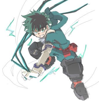 Rule 34 | 1boy, black boots, black hair, boku no hero academia, boots, clenched teeth, commentary request, full body, gloves, green eyes, green hair, green jumpsuit, jumpsuit, looking at viewer, male focus, midoriya izuku, nyaru (nyaru 4126), simple background, solo, standing, teeth, white background, white gloves
