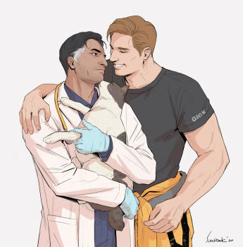Rule 34 | 2boys, animal, arm around shoulder, artist name, black hair, black shirt, blue gloves, blue shirt, cat, closed eyes, closed mouth, clothes around waist, coat, collared shirt, commentary, cowboy shot, dark-skinned male, dark skin, dated, doc (rainbow six siege), english commentary, gloves, grey hair, grin, holding, holding animal, holding cat, jumpsuit, layered sleeves, lion (rainbow six siege), long sleeves, looking at another, male focus, multicolored cat, multiple boys, rainbow six siege, rubber gloves, shirt, short hair, short sleeves, side-by-side, sideburns, simple background, smile, standing, stethoscope, stethoscope around neck, sun stark, t-shirt, teeth, white background, white coat, wing collar, yaoi, yellow jumpsuit