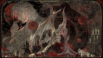 bird candelabra candle candlelight candlestand castle couple crow demon_wings drinking_blood fangs fire flower highres love_and_deepspace magic_circle mephisto_(love_and_deepspace) protagonist_(love_and_deepspace) red_eyes red_flower red_rose renga_(artist) rose sylus_(love_and_deepspace) thorns white_hair wings